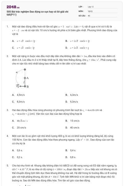 505 Bài trắc nghiệm Dao động cơ cực hay có lời giải chi tiết(P11)