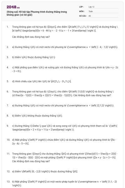 (Đúng sai) 40 bài tập Phương trình đường thẳng trong không gian (có lời giải)