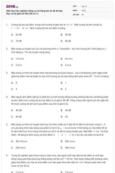 368 Câu trắc nghiệm Sóng cơ và Sóng âm từ đề thi Đại Học có lời giải chi tiết (đề số 1)