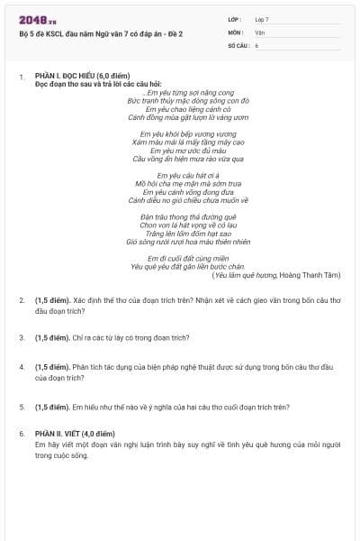 Bộ 5 đề KSCL đầu năm Ngữ văn 7 có đáp án - Đề 2