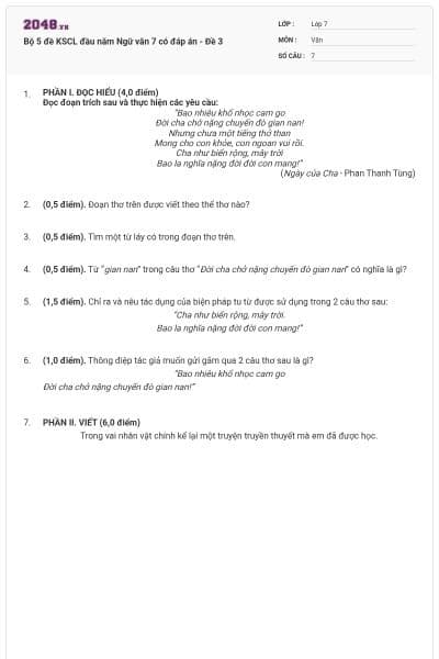 Bộ 5 đề KSCL đầu năm Ngữ văn 7 có đáp án - Đề 3