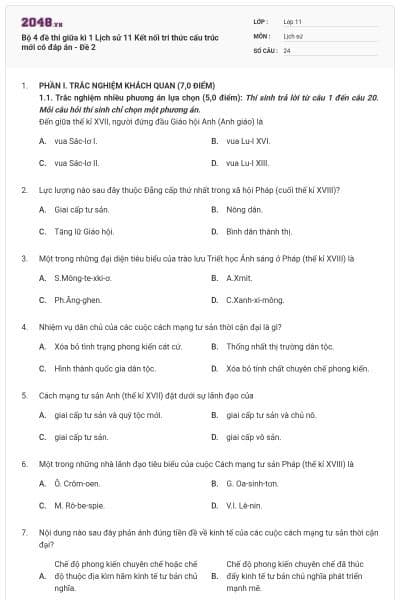 Bộ 4 đề thi giữa kì 1 Lịch sử 11 Kết nối tri thức cấu trúc mới có đáp án - Đề 2