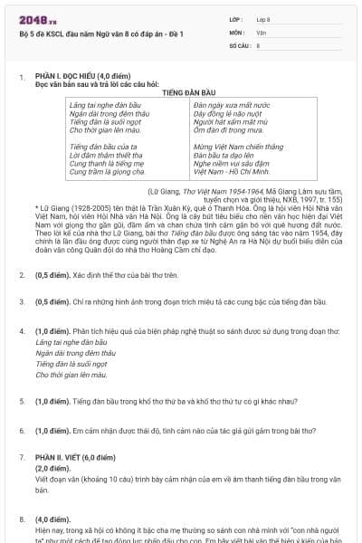 Bộ 5 đề KSCL đầu năm Ngữ văn 8 có đáp án - Đề 1