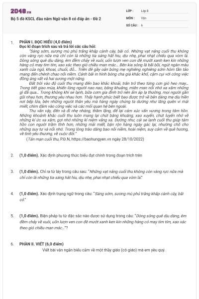 Bộ 5 đề KSCL đầu năm Ngữ văn 8 có đáp án - Đề 2