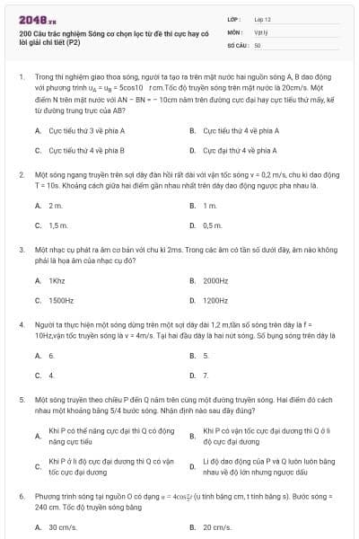 200 Câu trắc nghiệm Sóng cơ chọn lọc từ đề thi cực hay có lời giải chi tiết (P2)