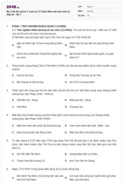 Bộ 3 đề thi cuối kì 1 Lịch sử 12 Cánh diều cấu trúc mới có đáp án - Đề 1