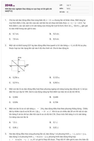 505 Bài trắc nghiệm Dao động cơ cực hay có lời giải chi tiết(P12)