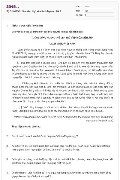 Bộ 5 đề KSCL đầu năm Ngữ văn 9 có đáp án - Đề 3