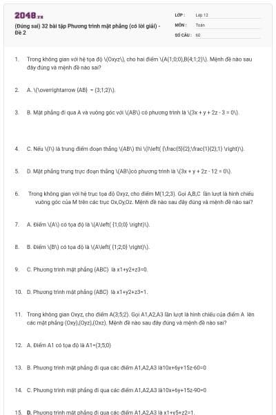 (Đúng sai) 32 bài tập Phương trình mặt phẳng (có lời giải) - Đề 2