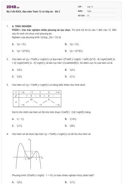Bộ 3 đề KSCL đầu năm Toán 12 có đáp án - Đề 2