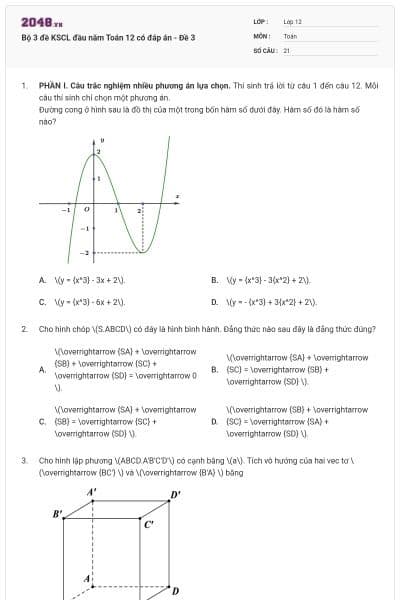 Bộ 3 đề KSCL đầu năm Toán 12 có đáp án - Đề 3