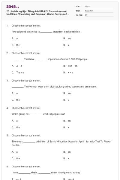 20 câu trắc nghiệm Tiếng Anh 8 Unit 5. Our customs and traditions -Vocabulary and Grammar- Global Success có đáp án