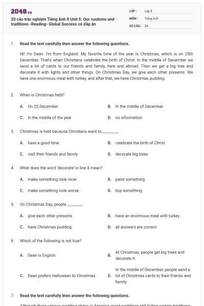 20 câu trắc nghiệm Tiếng Anh 8 Unit 5. Our customs and traditions -Reading- Global Success có đáp án