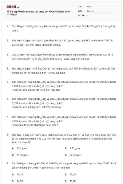 10 bài tập Muối carbnate tác dụng với Hydrochloride acid có lời giải