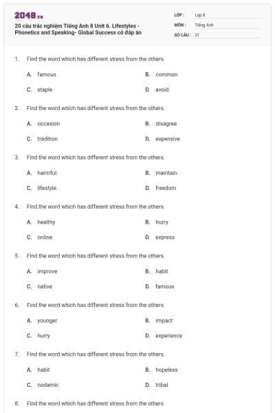 20 câu trắc nghiệm Tiếng Anh 8 Unit 6. Lifestyles -Phonetics and Speaking- Global Success có đáp án