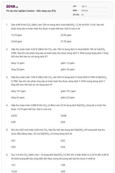 70 câu trắc nghiệm Cacbon - Silic nâng cao (P2)