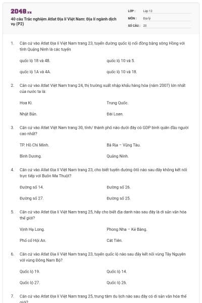 40 câu  Trắc nghiệm Atlat Địa lí Việt Nam: Địa lí ngành dịch vụ (P2)