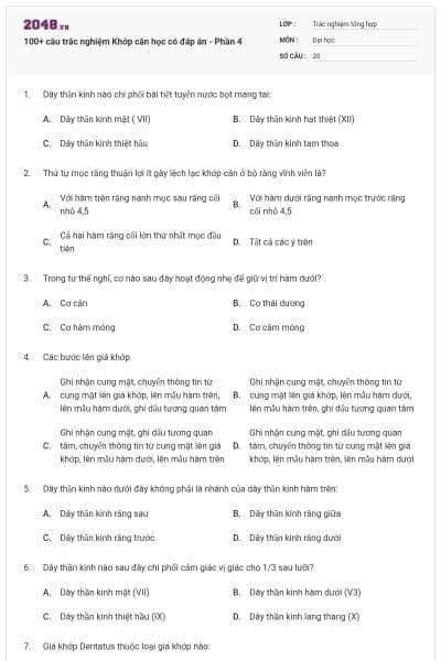 100+ câu trắc nghiệm Khớp cắn học có đáp án - Phần 4