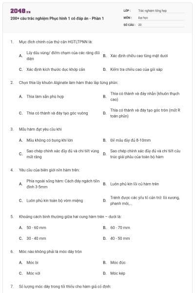 200+ câu trắc nghiệm Phục hình 1 có đáp án - Phần 1