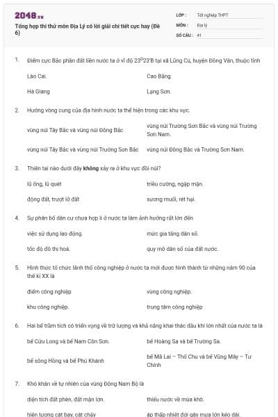 Tổng hợp thi thử môn Địa Lý có lời giải chi tiết cực hay (Đề 6)