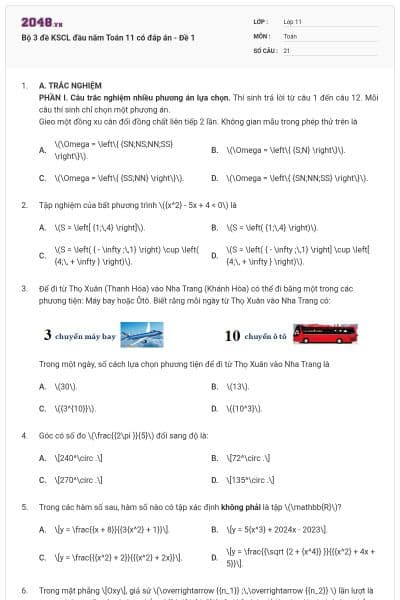 Bộ 3 đề KSCL đầu năm Toán 11 có đáp án - Đề 1