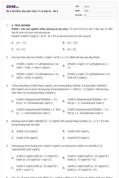 Bộ 3 đề KSCL đầu năm Toán 11 có đáp án - Đề 2