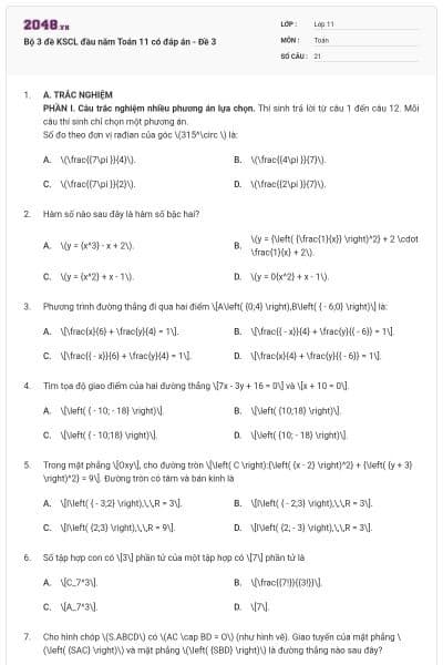 Bộ 3 đề KSCL đầu năm Toán 11 có đáp án - Đề 3