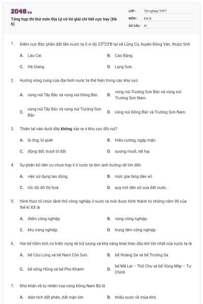 Tổng hợp thi thử môn Địa Lý có lời giải chi tiết cực hay (Đề 6)