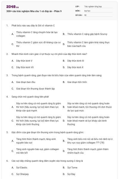 300+ câu trắc nghiệm Nha chu 1 có đáp án - Phần 9