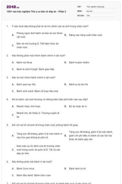 100+ câu trắc nghiệm Thú y cơ bản có đáp án - Phần 2