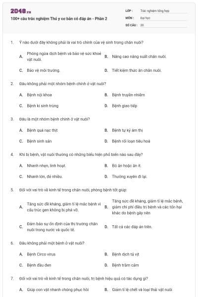 100+ câu trắc nghiệm Thú y cơ bản có đáp án - Phần 2