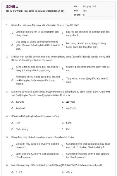 Đề thi thử Vật Lí năm 2019 có lời giải chi tiết (Đề số 10)
