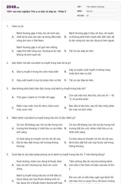 100+ câu trắc nghiệm Thú y cơ bản có đáp án - Phần 5