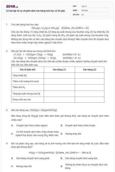 22 bài tập về sự chuyển dịch cân bằng hoá học có lời giải