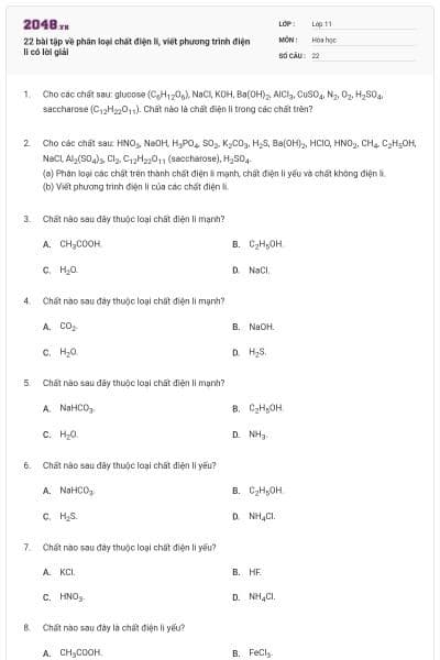 22 bài tập về phân loại chất điện li, viết phương trình điện li có lời giải