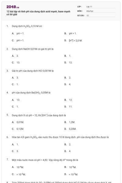 12 bài tập về tính pH của dung dịch acid mạnh, base mạnh có lời giải