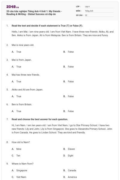 20 câu trắc nghiệm Tiếng Anh 4 Unit 1: My friends - Reading & Writing - Global Success có đáp án