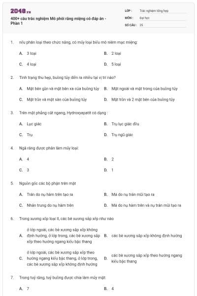 400+ câu trắc nghiệm Mô phôi răng miệng có đáp án - Phần 1