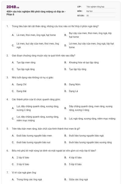 400+ câu trắc nghiệm Mô phôi răng miệng có đáp án - Phần 8