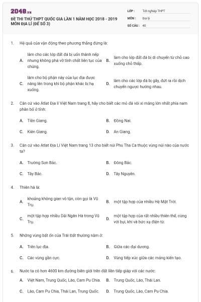 ĐỀ THI THỬ THPT QUỐC GIA LẦN 1 NĂM HỌC 2018 - 2019 MÔN ĐỊA LÍ (ĐẾ SỐ 3)