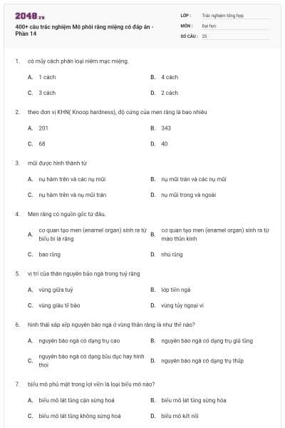 400+ câu trắc nghiệm Mô phôi răng miệng có đáp án - Phần 14