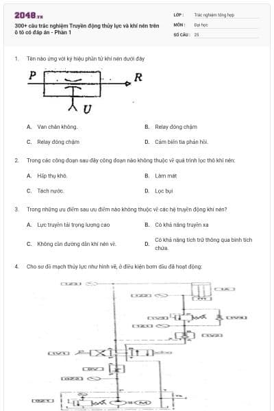 300+ câu trắc nghiệm Truyền động thủy lực và khí nén trên ô tô có đáp án - Phần 1