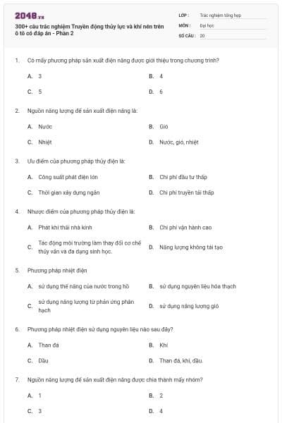 300+ câu trắc nghiệm Truyền động thủy lực và khí nén trên ô tô có đáp án - Phần 2