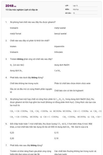15 Câu trắc nghiệm Lipit có đáp án