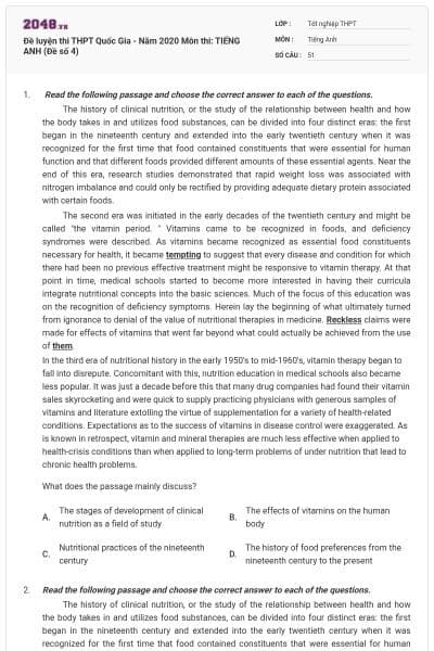 Đề luyện thi THPT Quốc Gia - Năm 2020 Môn thi: TIẾNG ANH (Đề số 4)