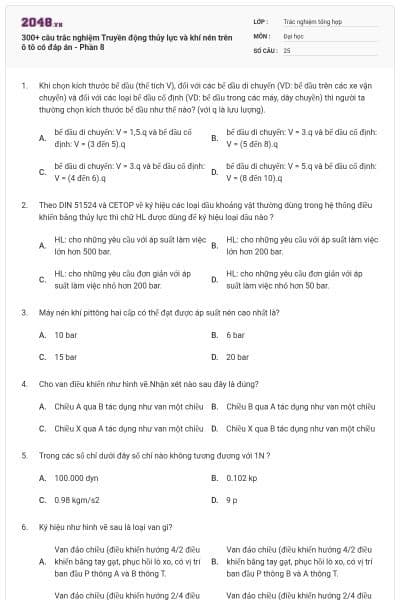 300+ câu trắc nghiệm Truyền động thủy lực và khí nén trên ô tô có đáp án - Phần 8