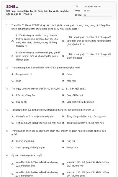 300+ câu trắc nghiệm Truyền động thủy lực và khí nén trên ô tô có đáp án - Phần 10