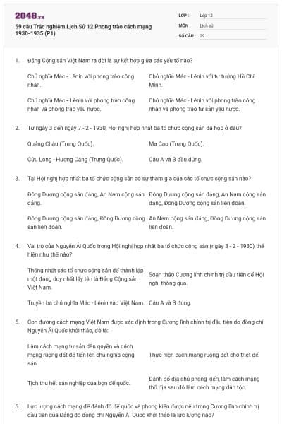 59 câu Trắc nghiệm Lịch Sử 12 Phong trào cách mạng 1930-1935 (P1)