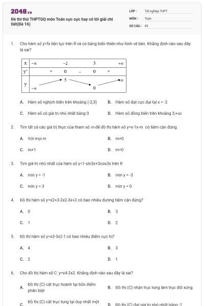 Đề thi thử THPTGQ môn Toán cực cực hay có lời giải chi tiết(Đề 16)