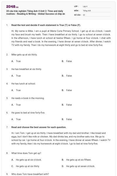 20 câu trắc nghiệm Tiếng Anh 4 Unit 2: Time and daily routines - Reading & Writing - Global Success có đáp án